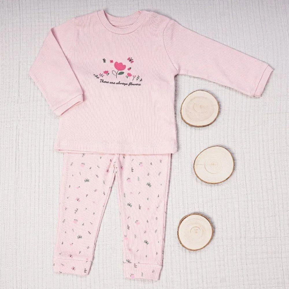 Ribbed Cotton Baby Girl Set - Flowers PINK - Picture 1 of 2